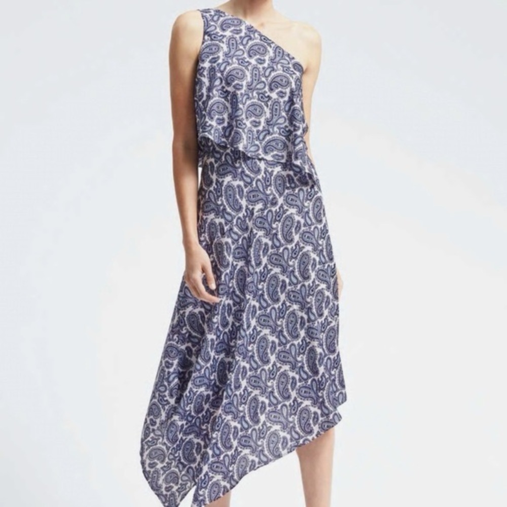 Banana Republic Women's One Shoulder Asymmetrical Hem Midi Dress Paisley Print